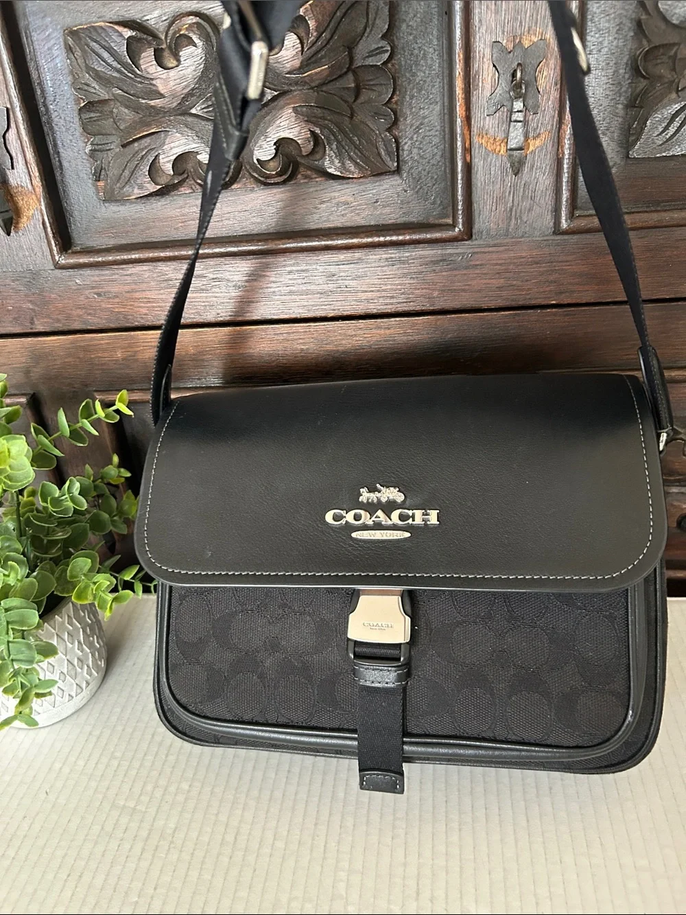 Coach Black Signature Messenger Bag with Branded Strap